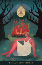Artistic depiction of a person with a fiery chest sitting in a dark forest, symbolizing 'Change for Rebirth'.