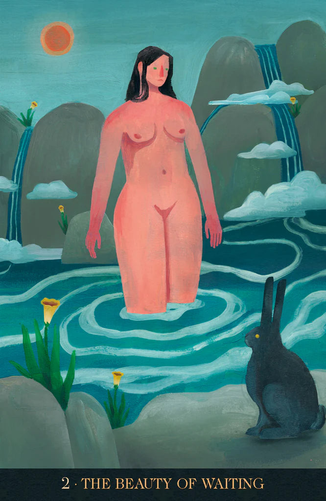 Illustration of a nude figure standing in water with a rabbit and natural elements.
