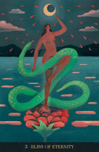 Artistic depiction of a woman with a snake and a crescent moon in the sky.