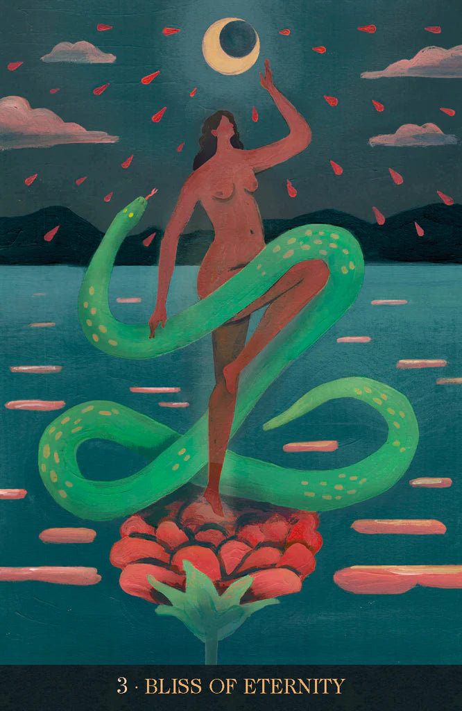 Artistic depiction of a woman with a snake and a crescent moon in the sky.