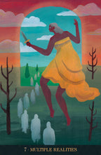 Artistic depiction of a figure in a yellow dress with a knife, surrounded by multiple realities.