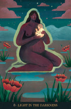 Illustration of a woman holding a child with a glowing light, surrounded by nature.