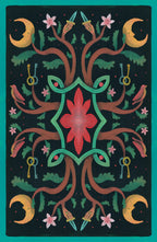 Decorative mat with intricate design featuring a red central flower, green leaves, and yellow moons on a black background.