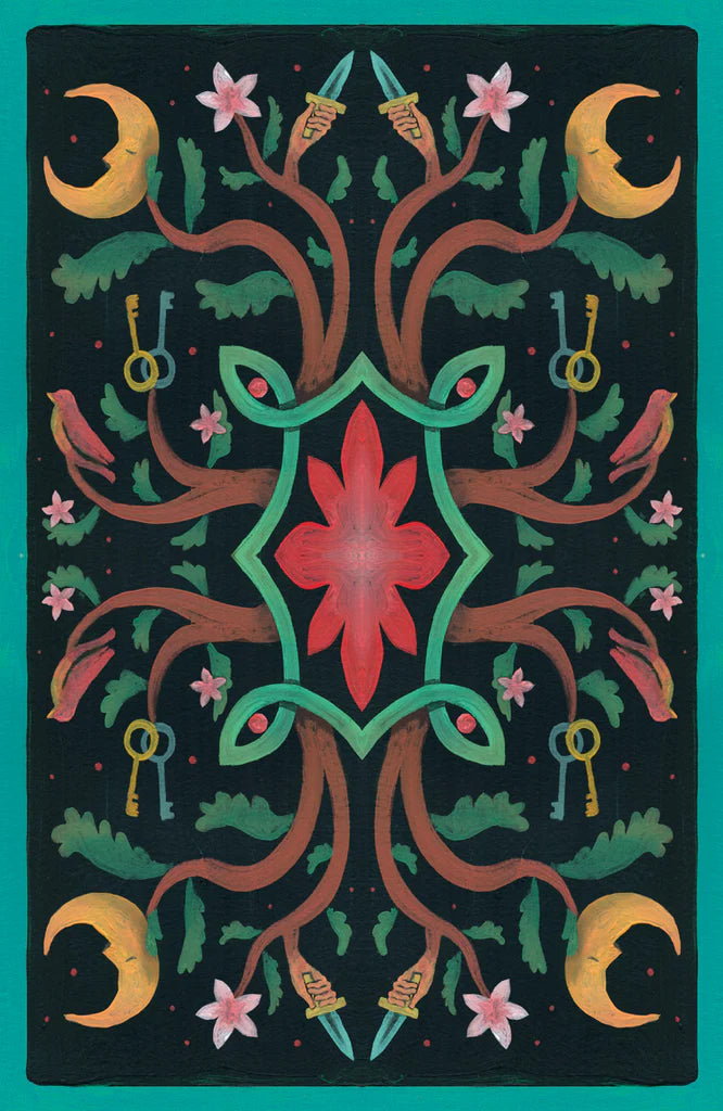 Decorative mat with intricate design featuring a red central flower, green leaves, and yellow moons on a black background.
