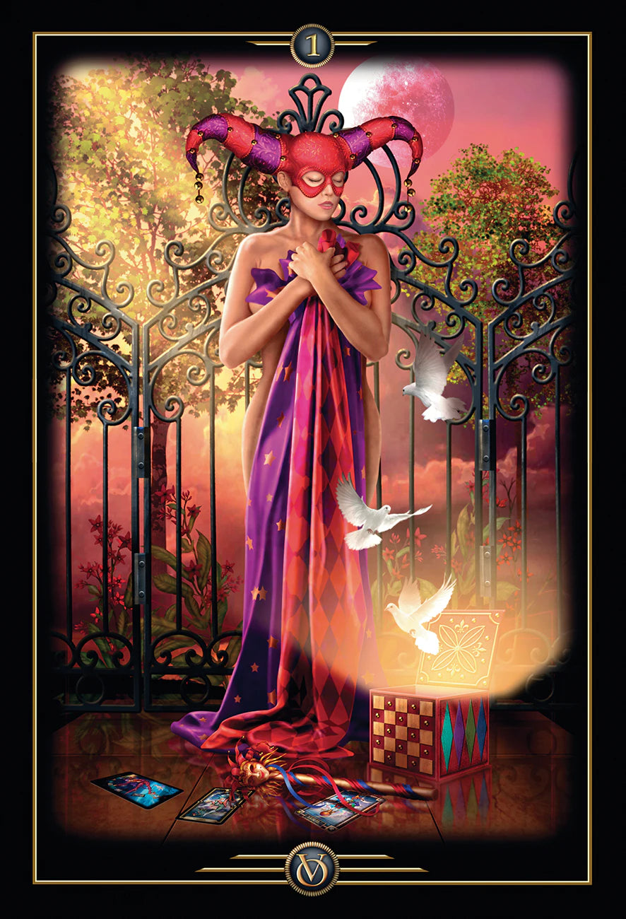 Magical scene with a person in a colorful dress and jester hat, surrounded by tarot cards and a glowing lantern.