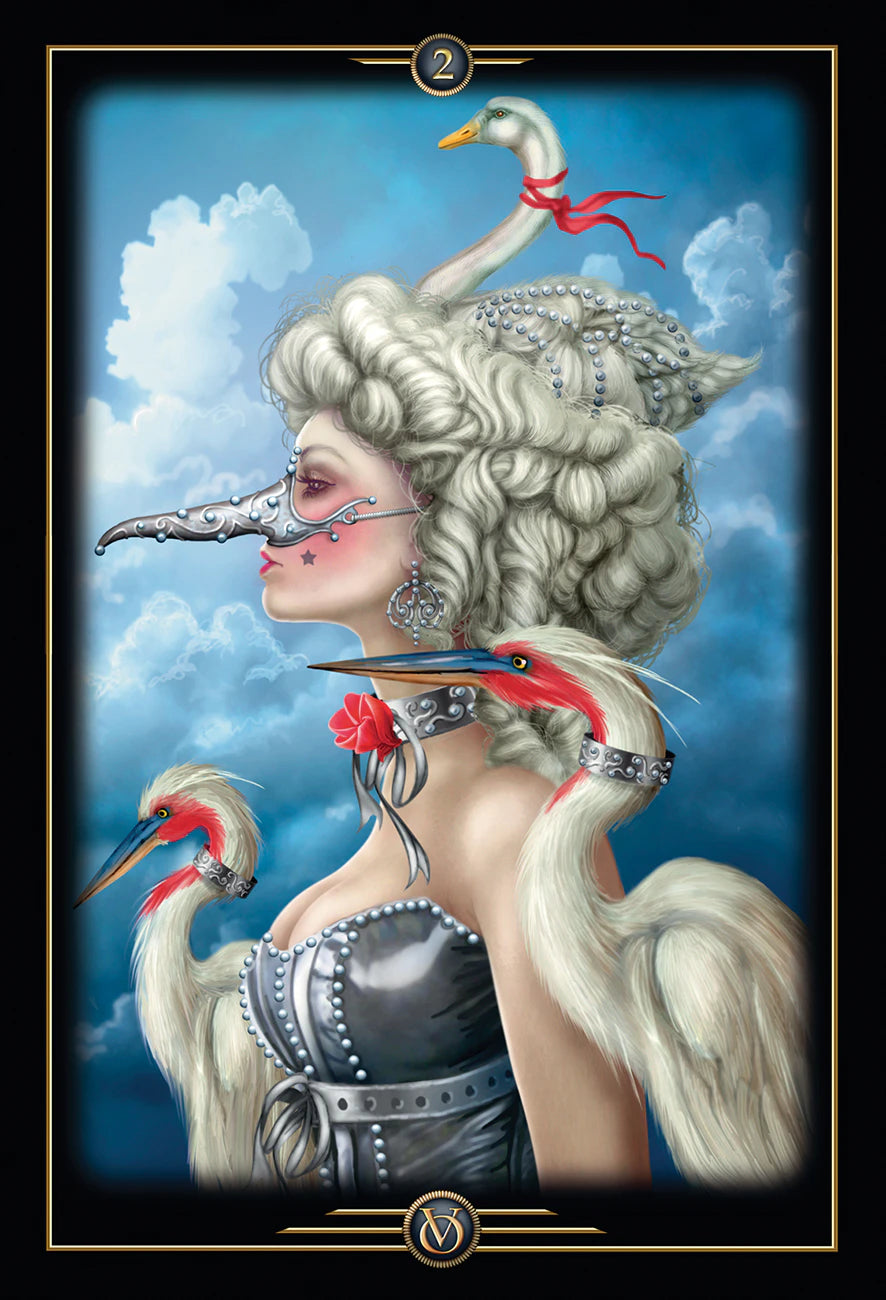 Artistic depiction of a woman with elaborate hair and birds, set against a blue sky with clouds.