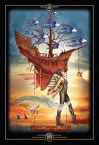 Illustration of a person with wings standing next to a flying ship against a sunset sky.