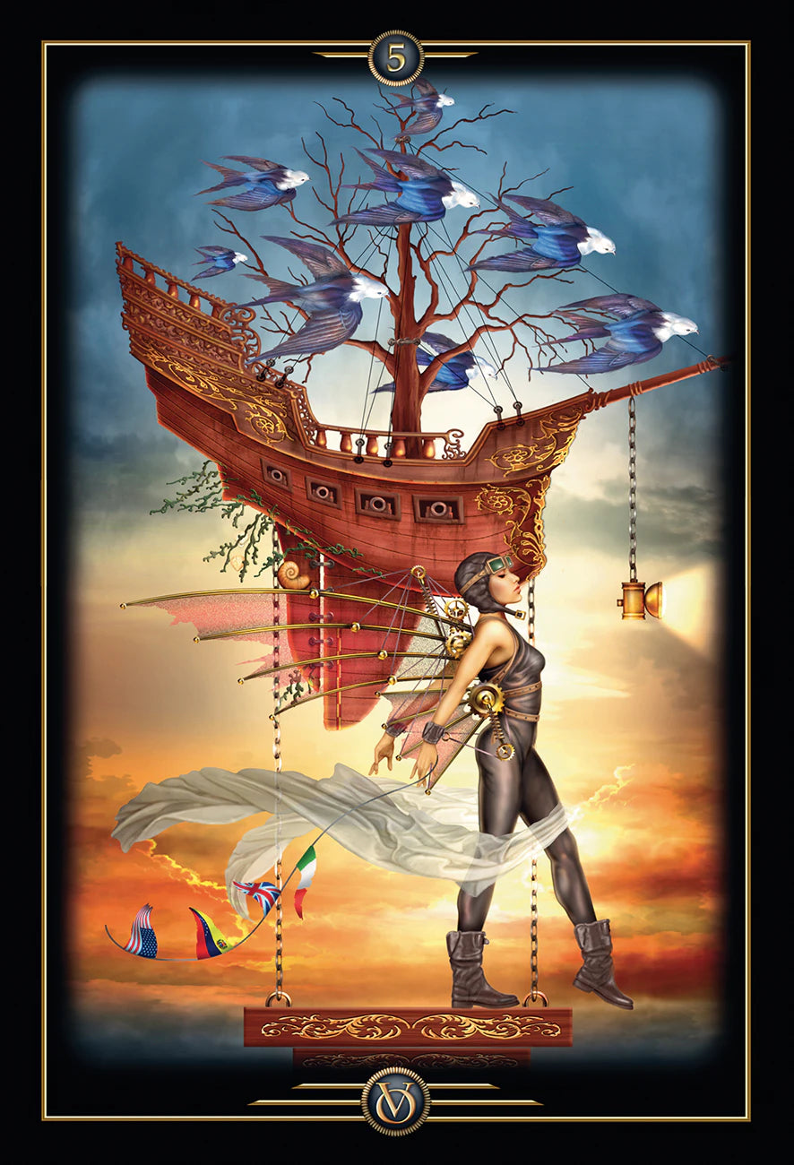 Illustration of a person with wings standing next to a flying ship against a sunset sky.