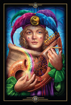 Illustration of a jester character holding a lyre with a rainbow effect, against a blue background.