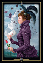 Vintage-style illustration of a woman in a purple dress holding a rose and an envelope, with birds flying in the sky.