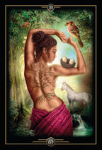 Artistic depiction of a woman with tattoos in a forest setting with a bird and unicorn.