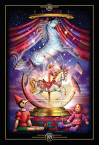 Magical carousel horse in a crystal ball with vintage dolls and a red curtain.