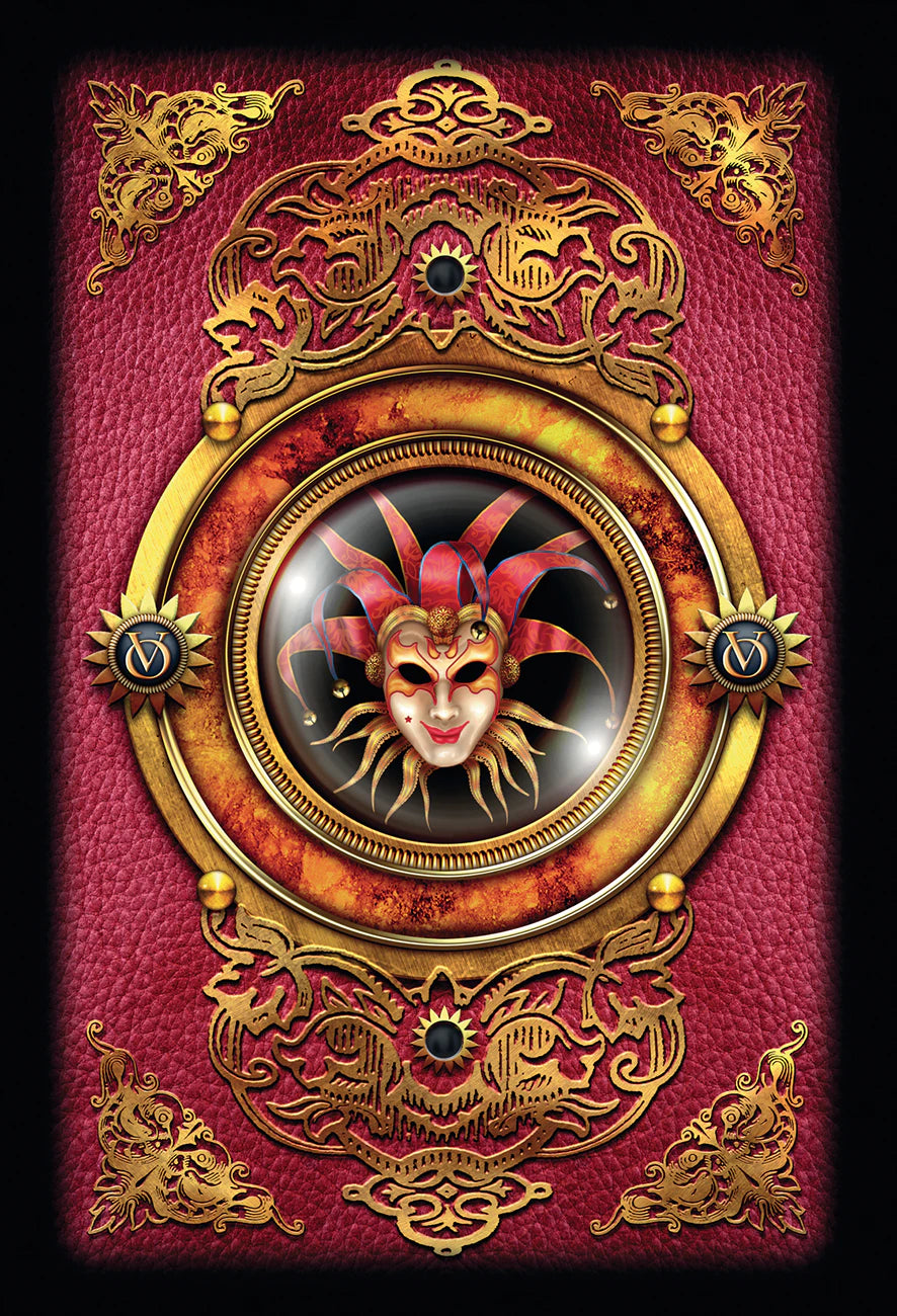 Decorative mask with gold frame on a red background
