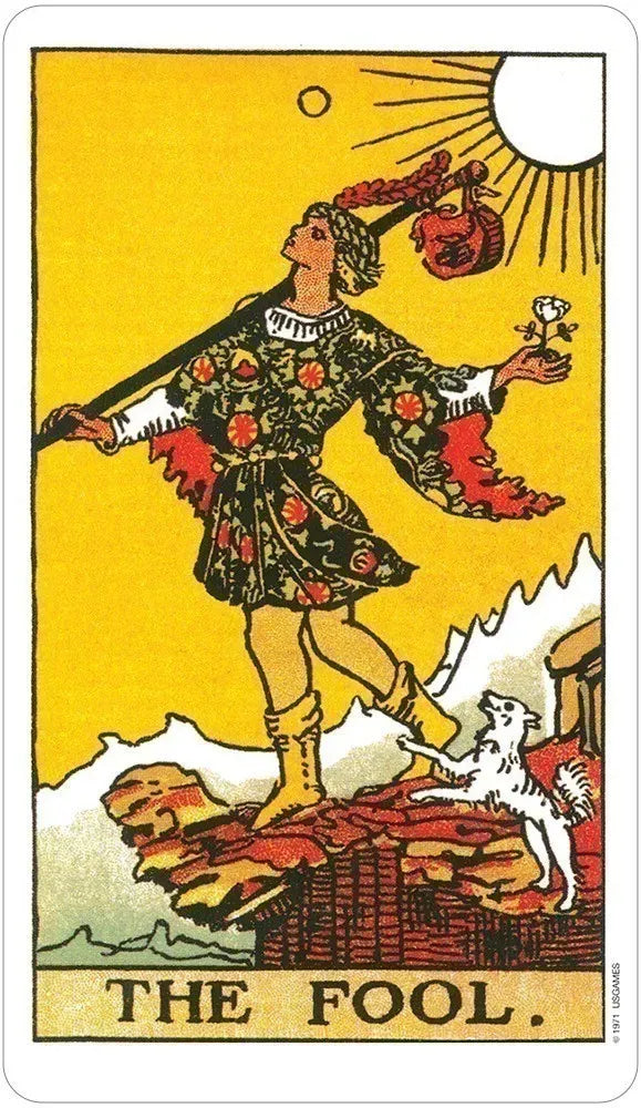 Tarot card titled 'The Fool' with a person in a colorful outfit and a cat on a rock.