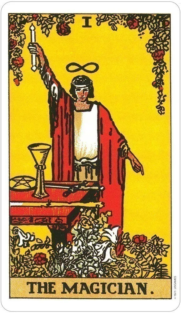 Tarot card featuring 'The Magician' with a yellow background and intricate design.