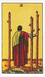 Tarot card with a figure holding two upright sticks on a yellow background