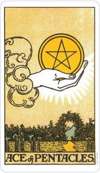 Ace of Pentacles tarot card with hand holding pentacle symbol against a yellow background