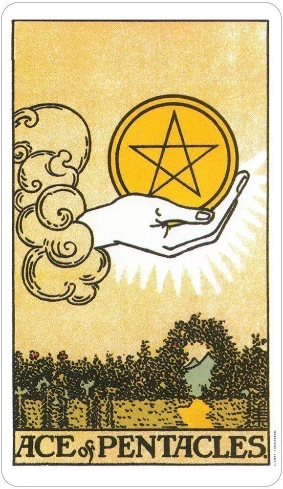 Ace of Pentacles tarot card with hand holding pentacle symbol against a yellow background