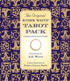 Cover of The Original Rider Waite Tarot Pack with decorative patterns on a blue and gold background.