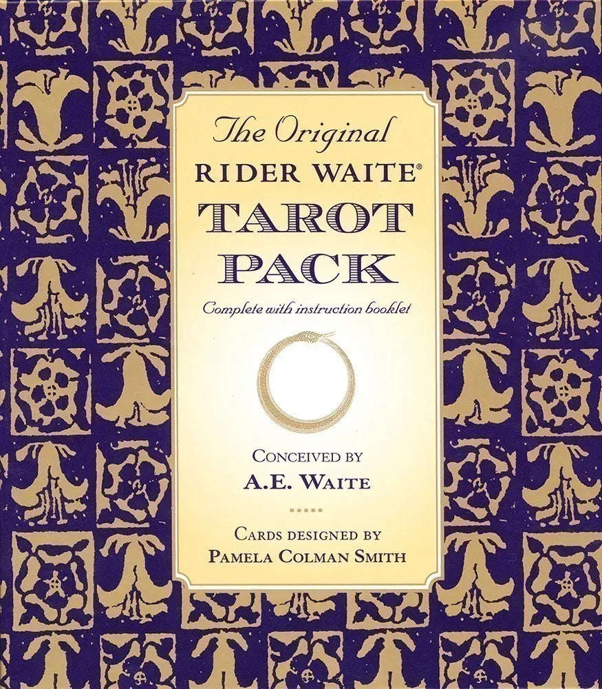 Cover of The Original Rider Waite Tarot Pack with decorative patterns on a blue and gold background.