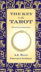 Book cover of 'The Key to the Tarot' by A.E. Waite with decorative blue and gold border.