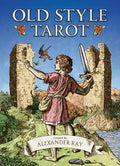 Book cover of 'Old Style Tarot' by Alexander Ray with a person holding a sword and shield in front of ruins.