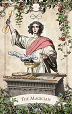 Tarot card featuring 'The Magician' with a person holding a wand and a cauldron, surrounded by decorative elements.