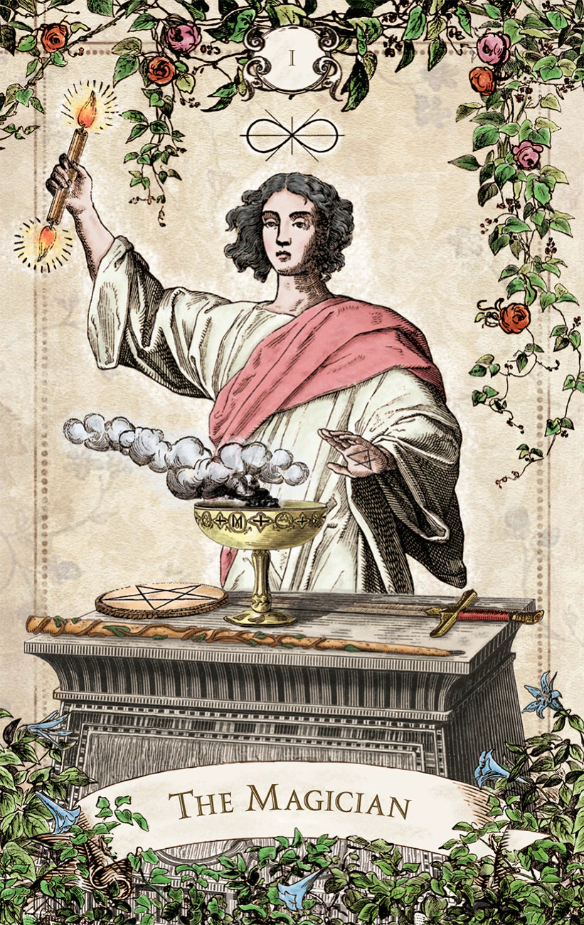 Tarot card featuring 'The Magician' with a person holding a wand and a cauldron, surrounded by decorative elements.