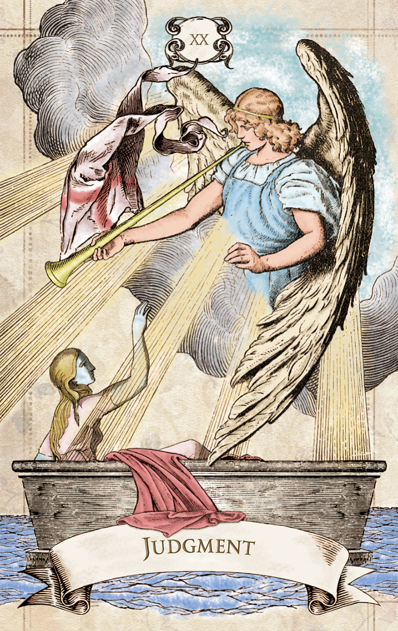 Card from a tarot deck featuring an angel with a trumpet, labeled 'Judgment'.