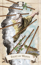 Eight of Wands tarot card with a figure holding wands against a landscape background