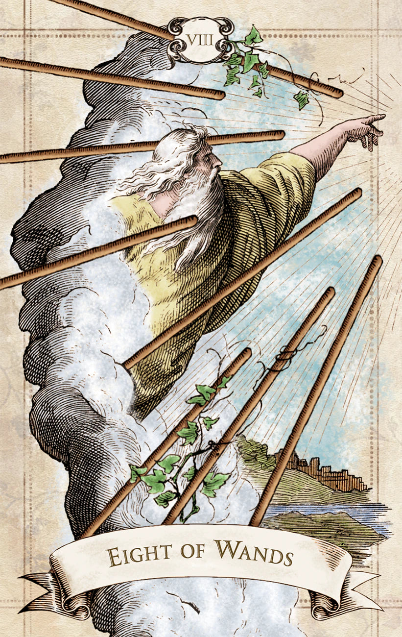 Eight of Wands tarot card with a figure holding wands against a landscape background