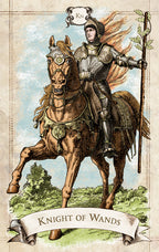Knight on horseback with a banner labeled 'Knight of Wands' against a scenic background.