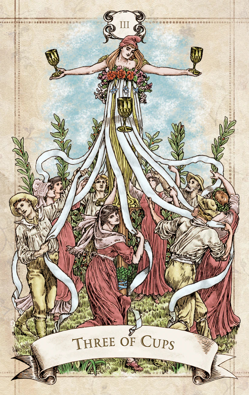 Tarot card titled 'Three of Cups' with a central figure holding three cups and surrounded by people in a decorative style.