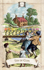 Vintage-style tarot card featuring a scene with people and cups, labeled 'Ten of Cups'.