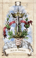 Ace of Swords tarot card with a sword, hand, and crown on a decorative background