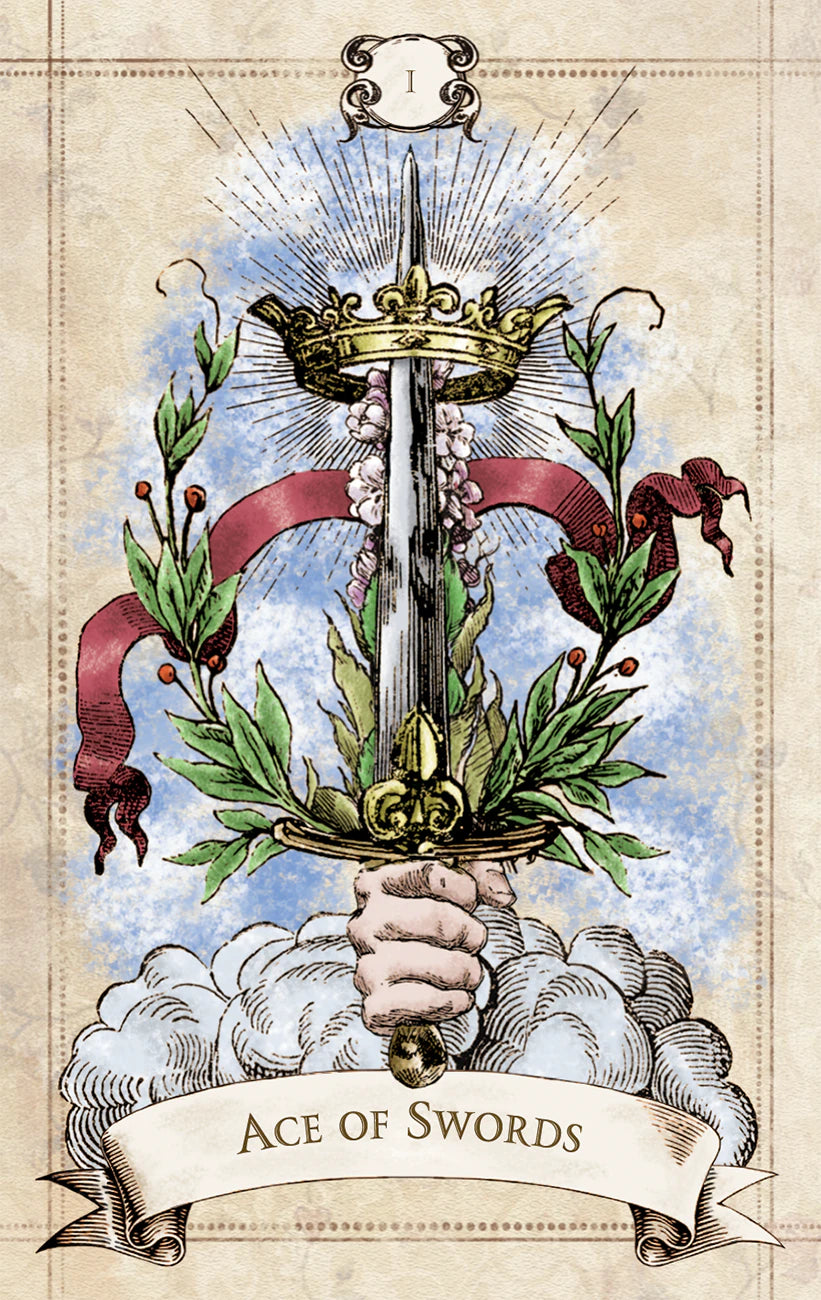 Ace of Swords tarot card with a sword, hand, and crown on a decorative background