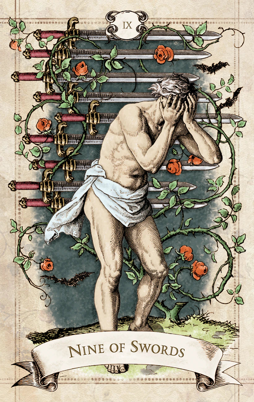 Tarot card featuring a man with his head in his hands, surrounded by swords and foliage.
