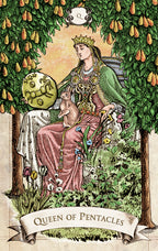 Tarot card featuring the 'Queen of Pentacles' with a woman in a garden setting.