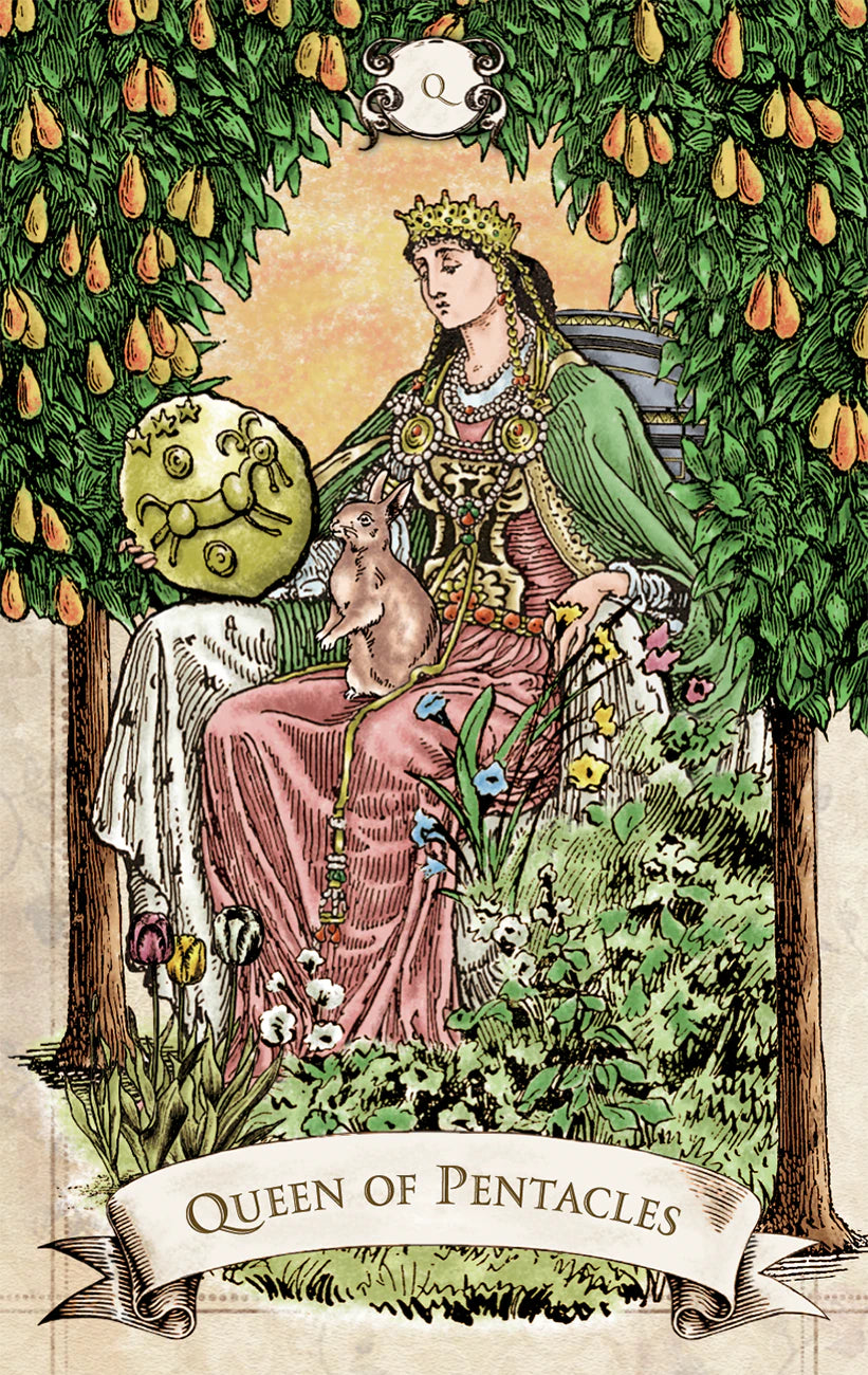 Tarot card featuring the 'Queen of Pentacles' with a woman in a garden setting.