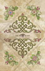Decorative design with Celtic knot and floral elements on a beige background