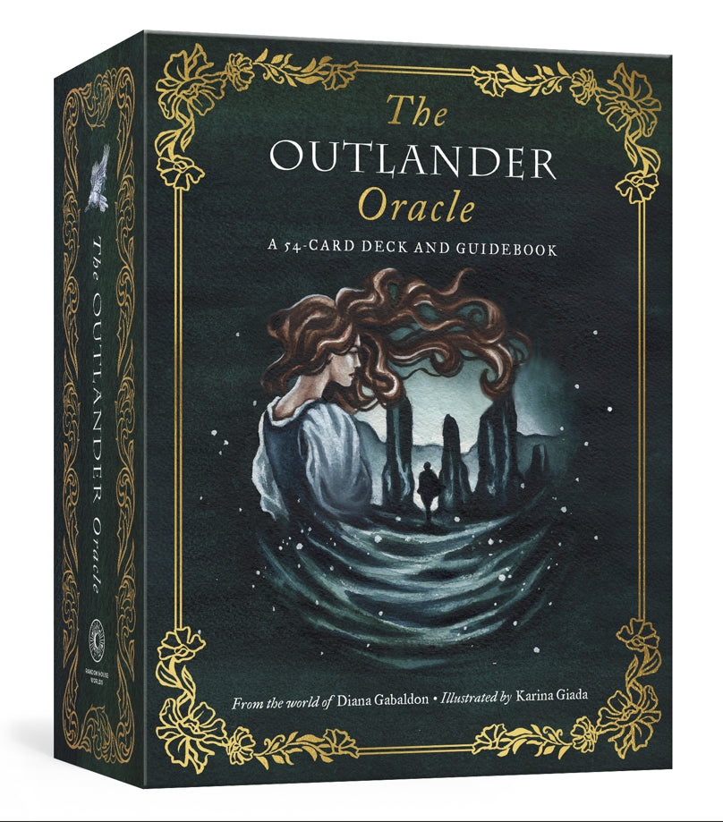 Box for 'The Outlander Oracle' with illustration of a woman and landscape on a dark background