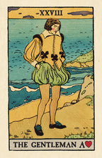 Vintage-style tarot card featuring a person on a beach with text 'The Gentleman A'.