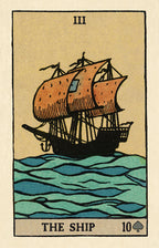 Card from a tarot deck featuring a ship on water with 'The Ship' text and number '10'.