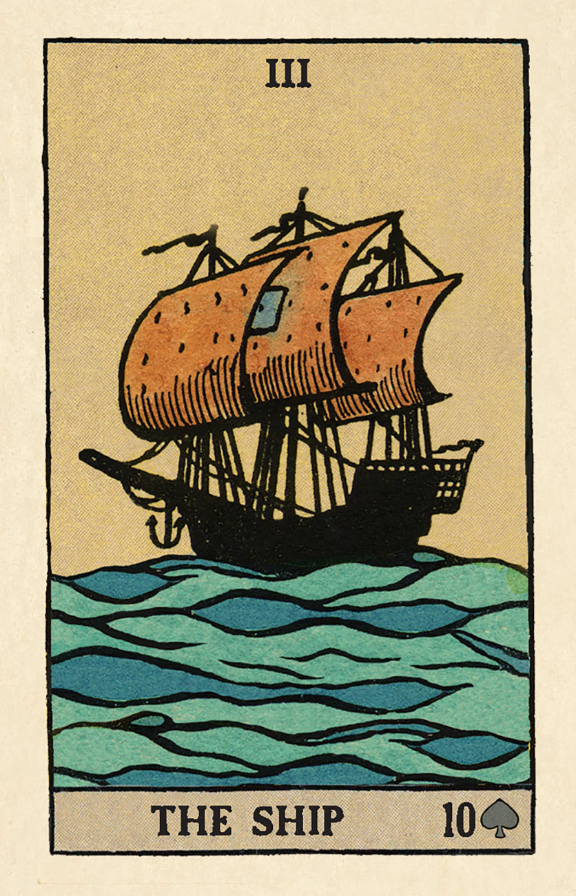Card from a tarot deck featuring a ship on water with 'The Ship' text and number '10'.