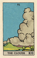 Vintage-style tarot card titled 'The Clouds' with stylized clouds and landscape.