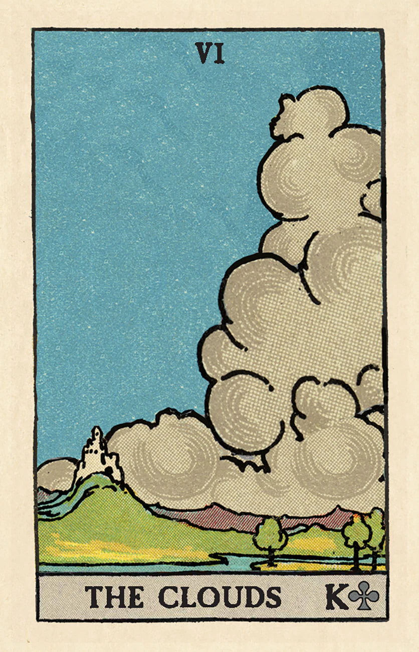 Vintage-style tarot card titled 'The Clouds' with stylized clouds and landscape.