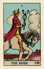 Vintage-style tarot card featuring 'The Rider' with a person on horseback and a staff.