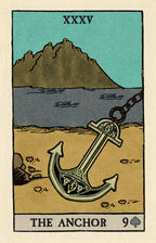 Vintage-style tarot card featuring an anchor with a mountain and water background