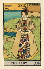 Vintage-style tarot card featuring a woman in a floral dress with 'The Lady' and 'A' spades symbols.