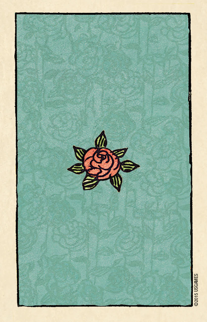 Decorative card with a rose design on a teal background